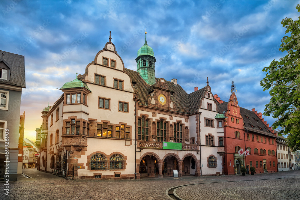 Old Town Hall (Altes Rathaus) on sunrise in Freiburg im Breisgau, Baden-Wurttemberg, Germany