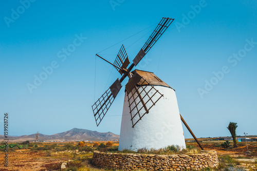 Traditional white stony windmill at Fuertaventura, Canary Islands, Spain
