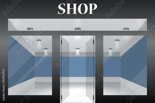 Shop with glass windows and doors, front view. Part of set.  exterior.