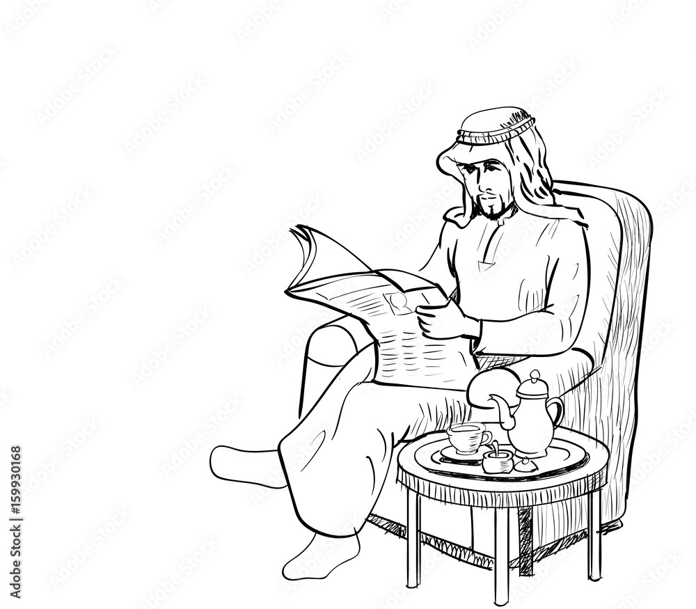 Arab Man read news paper on sofa - Line Drawn Vector