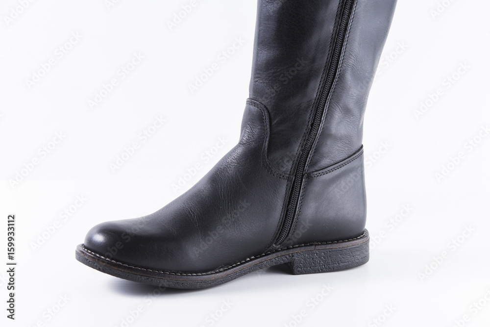Male Black Boot on White Background, Isolated Product, Top View, Studio. Male Black Boot on White Background, Isolated Product, Top View, Studio.