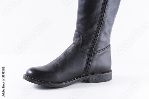 Male Black Boot on White Background, Isolated Product, Top View, Studio.
