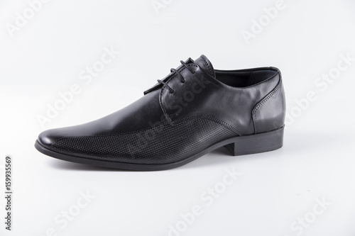 Male Black Shoes on White Background, Isolated Product, Top View, Studio.
