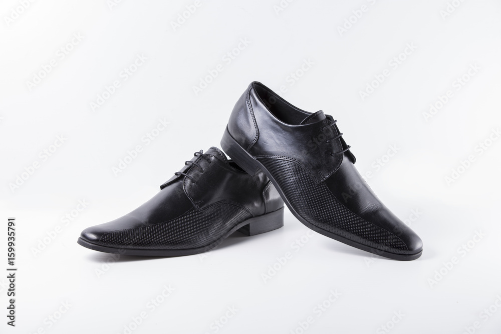 Male Black Shoes on White Background, Isolated Product, Top View, Studio.