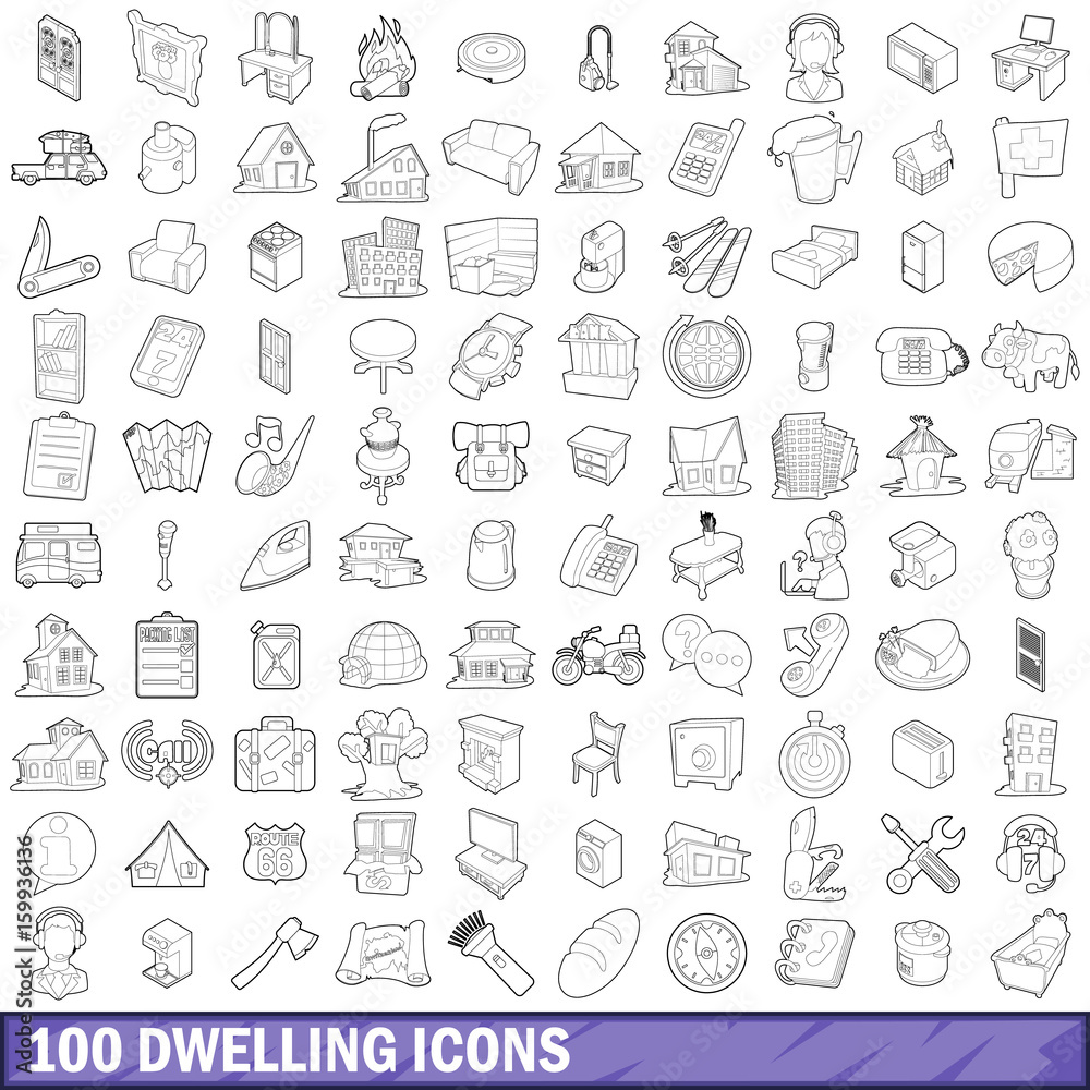 100 dwelling icons set, outline style 100 dwelling icons set, outline style