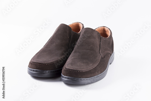 Male Brown Shoes on White Background, Isolated Product, Top View, Studio.