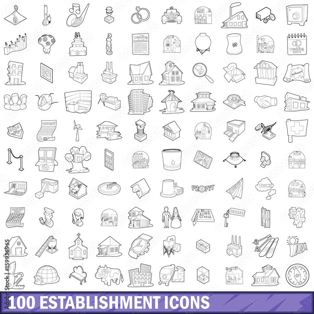 100 establishment icons set, outline style