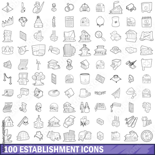 100 establishment icons set, outline style © ylivdesign