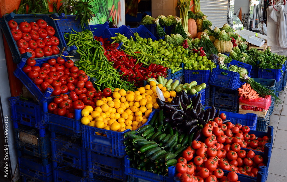 Food market. Marmaris, Turkey. Seasonal vegetables and fruits in May.