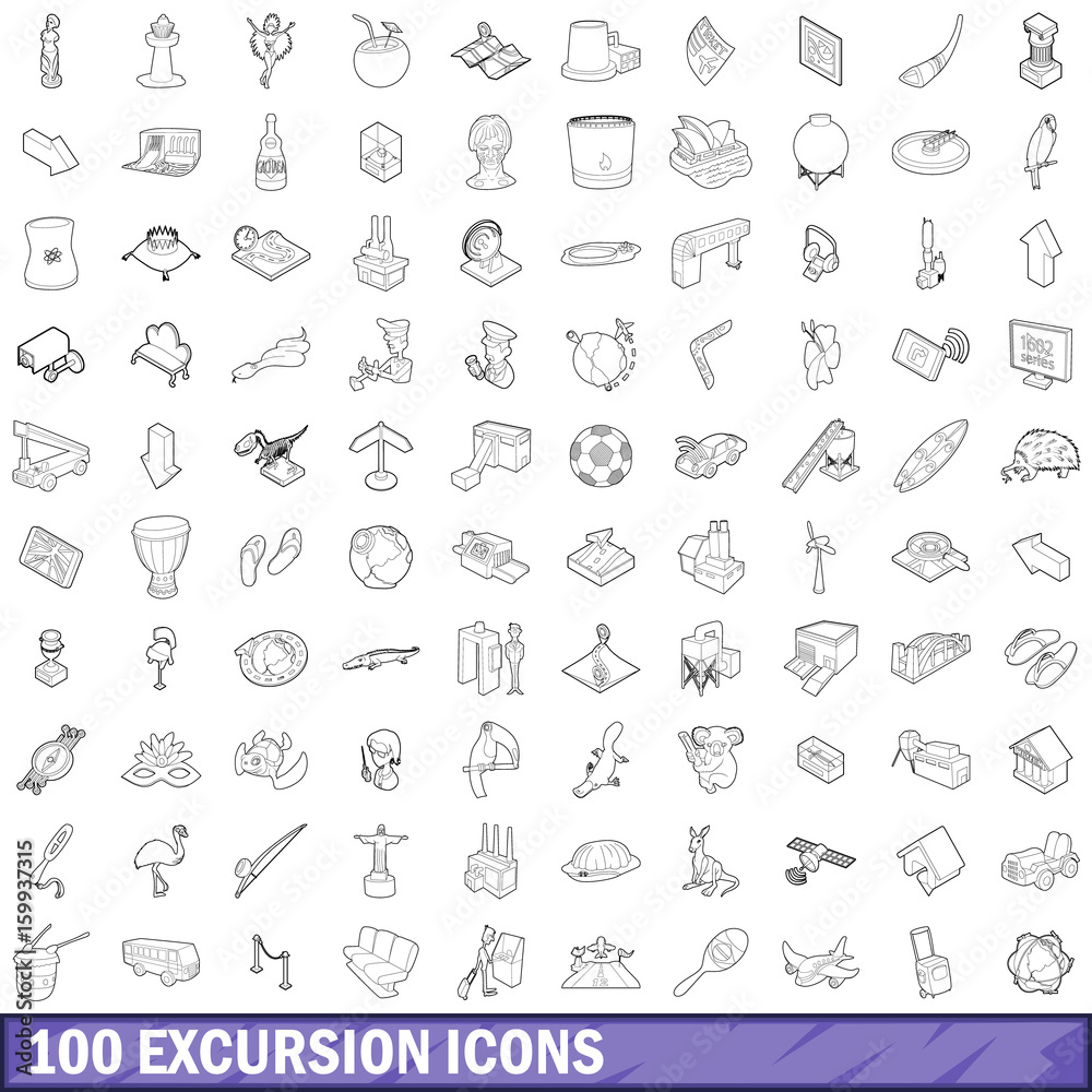 100 excursion icons set, outline style
