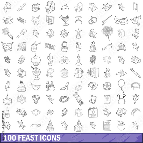 100 feast icons set  outline style