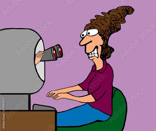 Obraz na plátně Business cartoon illustration showing binoculars coming out of a computer spying on the user