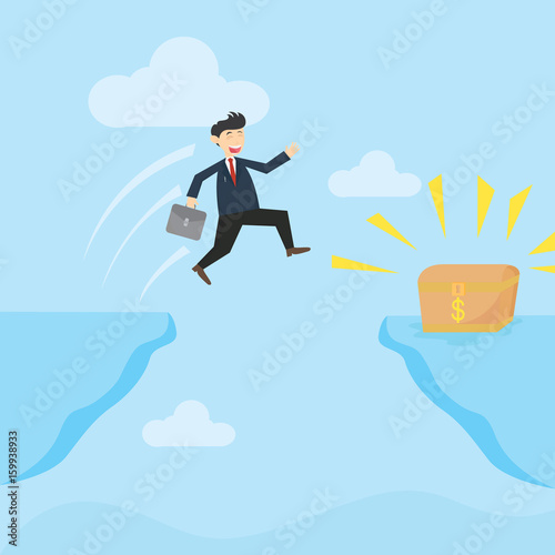 businessman jumping to the treasure box in the edge of a abyss cartoon vector illustration