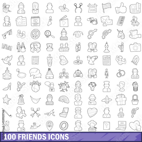 100 friends icons set  outline style