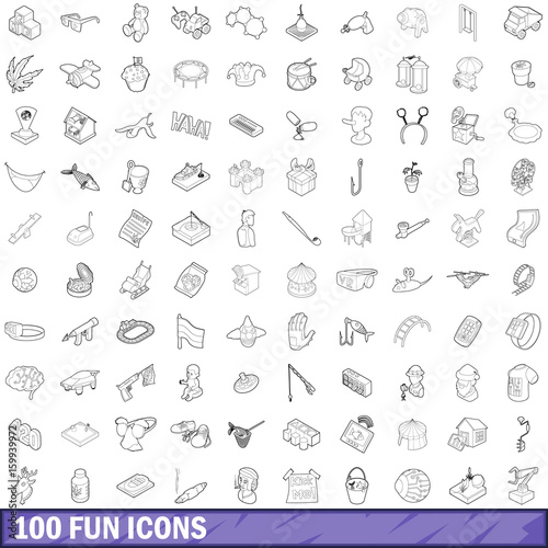 100 fun icons set, outline style