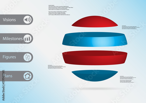 3D illustration infographic template with ball horizontally divided to four standalone color parts