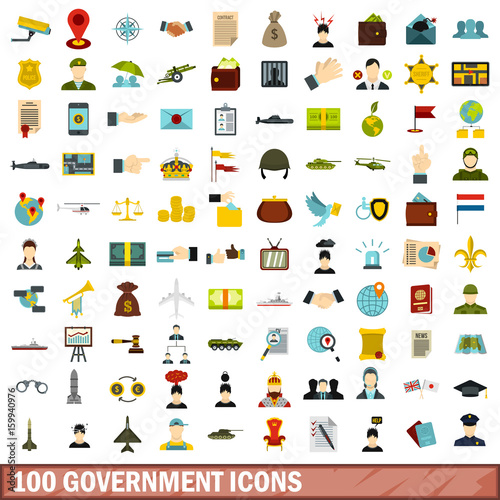 100 government icons set, flat style