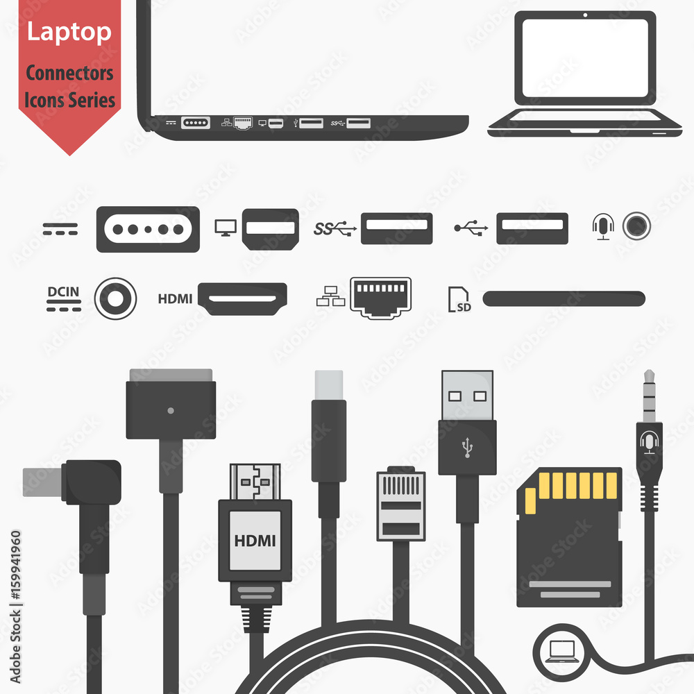 Laptop side view connectors Illustration. SD, HDMI, USB, Ethernet, displayport, magsafe, power DC in power supply, audio trs sockets. computer peripherals in design. notebook icon Stock ベクター |