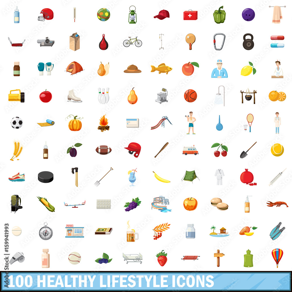 100 healthy lifestyle icons set, cartoon style