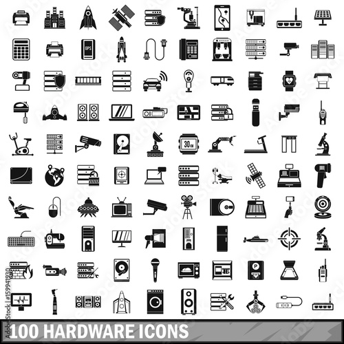 100 hardware icons set, simple style 