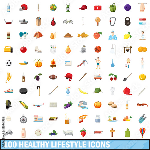 100 healthy lifestyle icons set, cartoon style