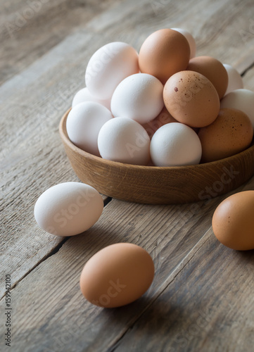 Wooden bowl of raw chicken eggs