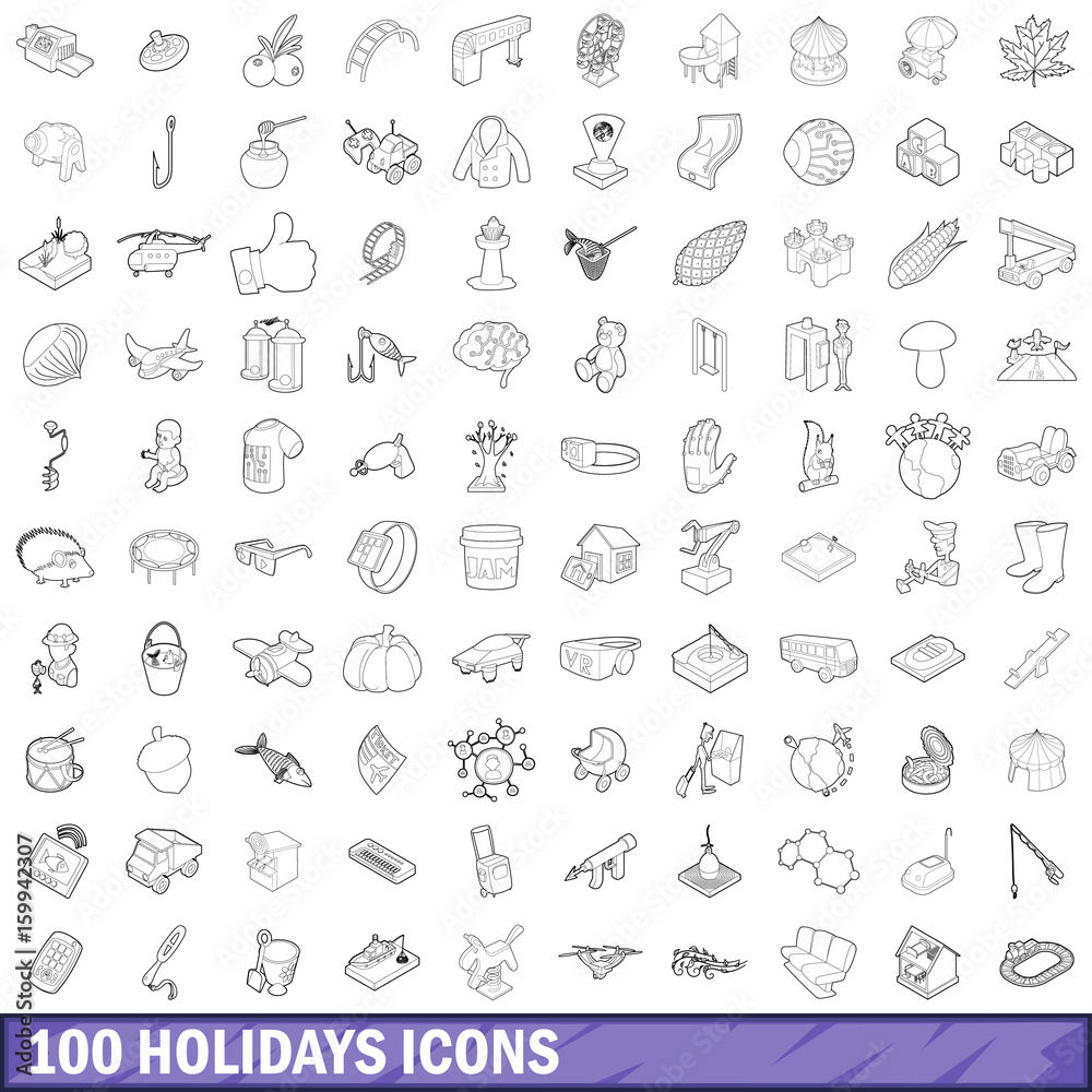 100 holidays icons set, outline style