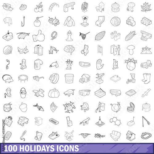 100 holidays icons set, outline style