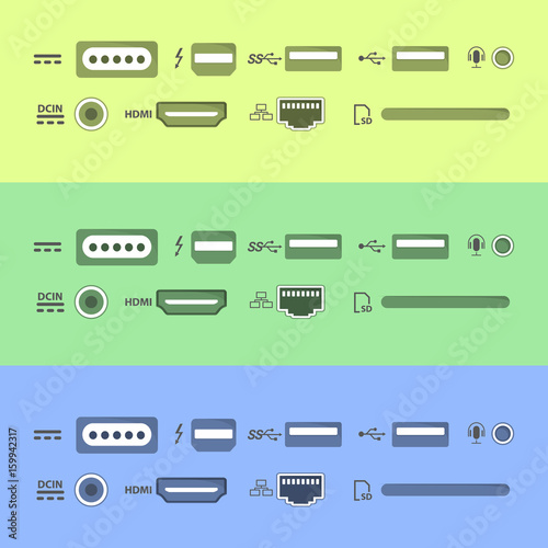 Laptop and PC connectors icons set. Power supply, USB, Ethernet, SD, HDMI, audio and video sockets. computer peripherals in flat coloristic style. Yellow, green and blue sockets for your design