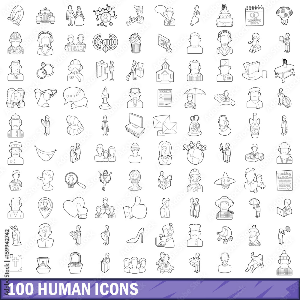 100 human icons set, outline style