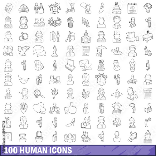 100 human icons set  outline style