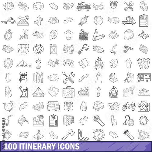 100 itinerary icons set, outline style