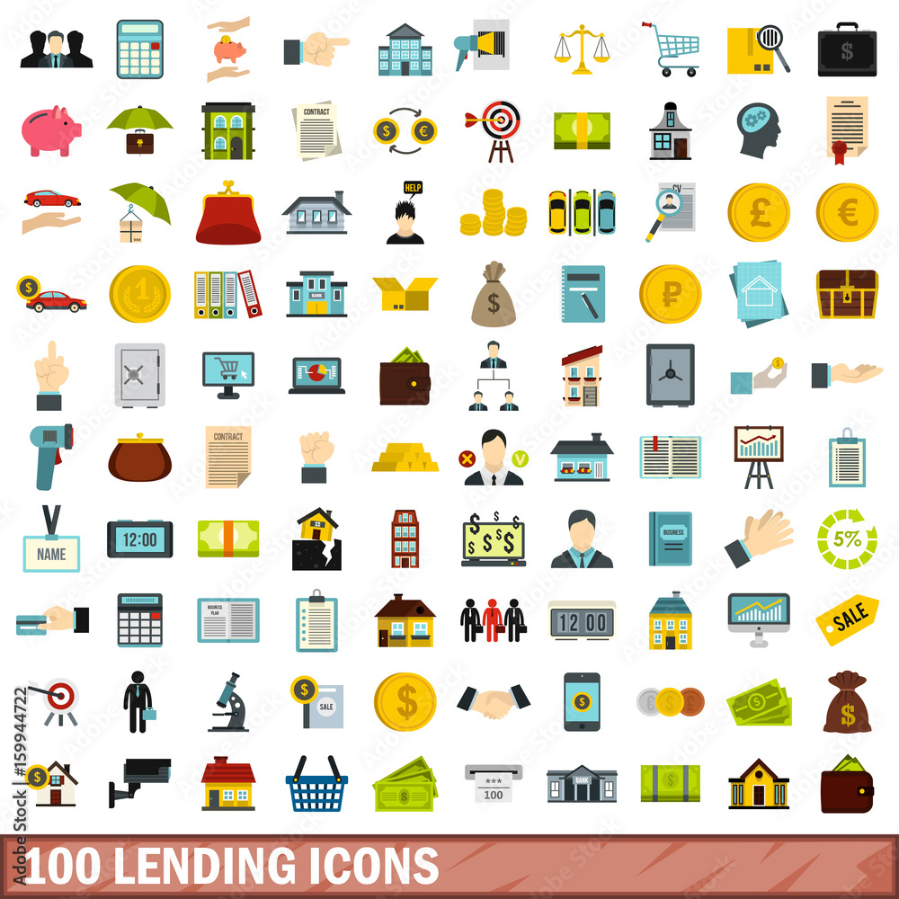 100 lending icons set, flat style 100 lending icons set, flat style