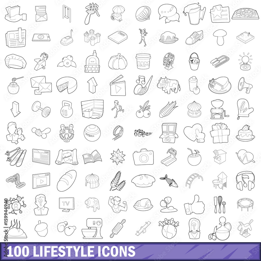 100 lifestyle icons set, outline style