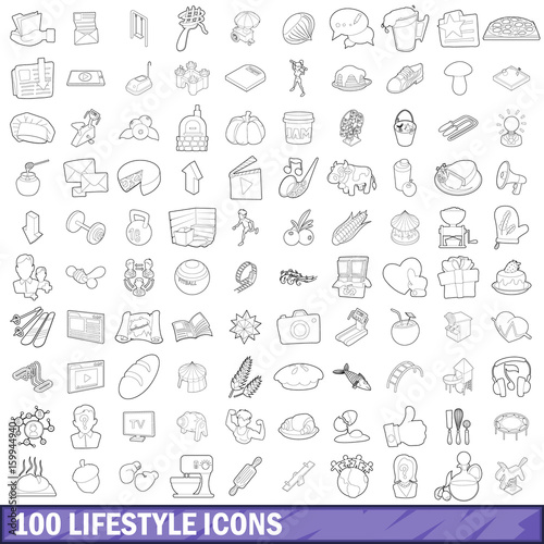 100 lifestyle icons set  outline style