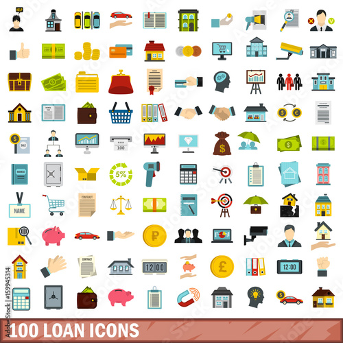 100 loan icons set, flat style
