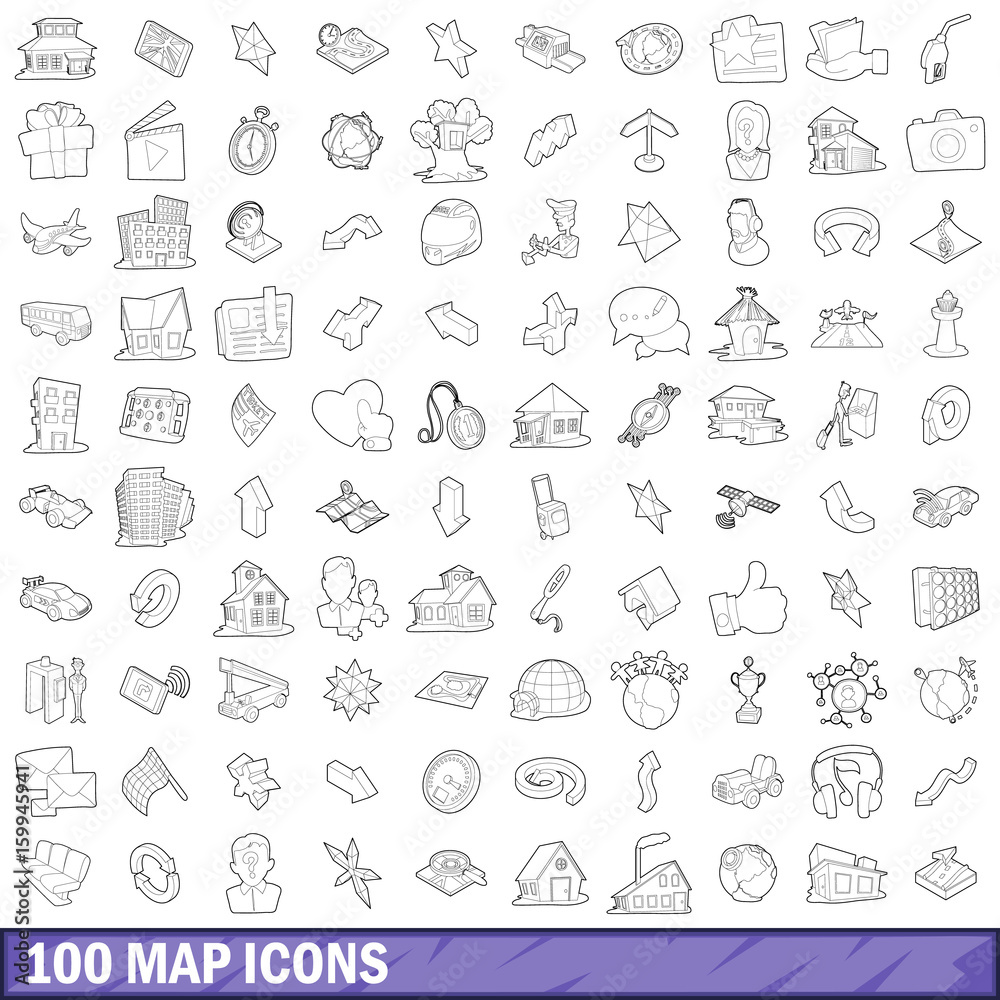 100 map icons set, outline style 100 map icons set, outline style