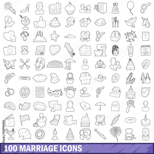 100 marriage icons set, outline style