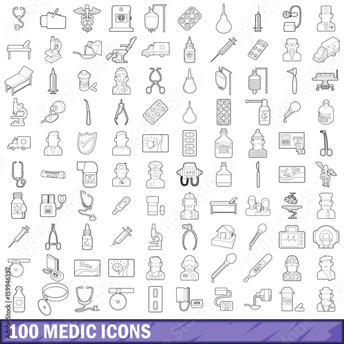 100 medic icons set  outline style