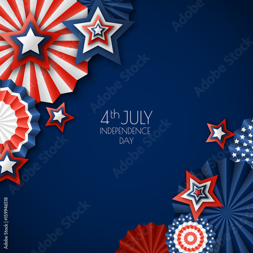 4th of July, USA Independence Day. Vector paper stars in USA flag colors. Blue background with place for text. Material design concept for greeting card, banner layout, flyer, poster.