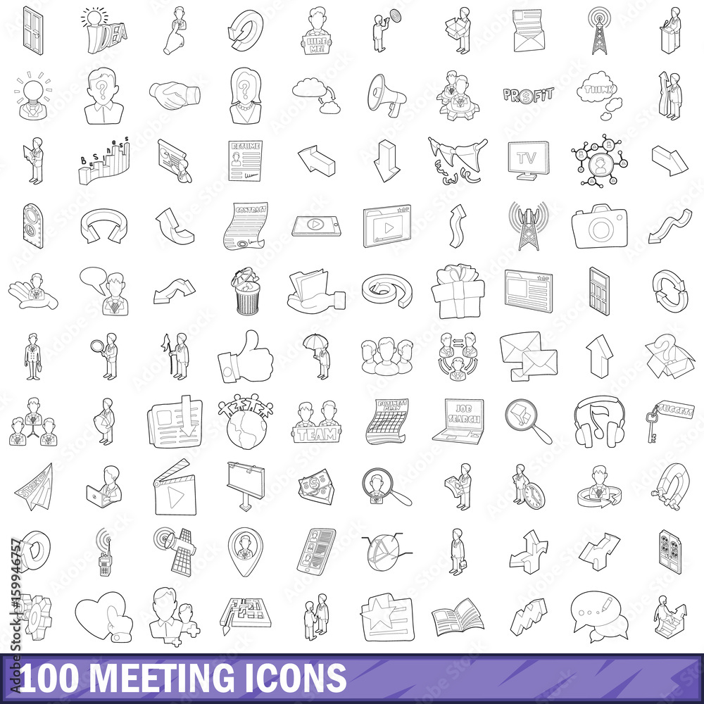 100 meeting icons set, outline style