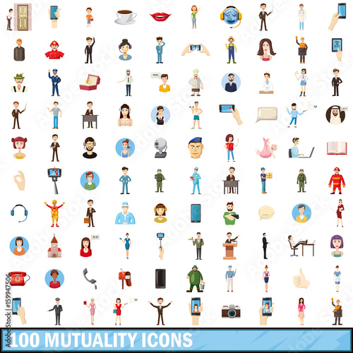 100 mutuality icons set  cartoon style