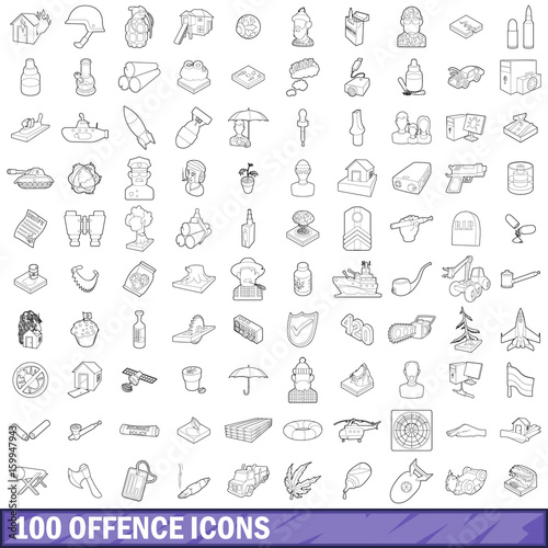 100 offence icons set  outline style