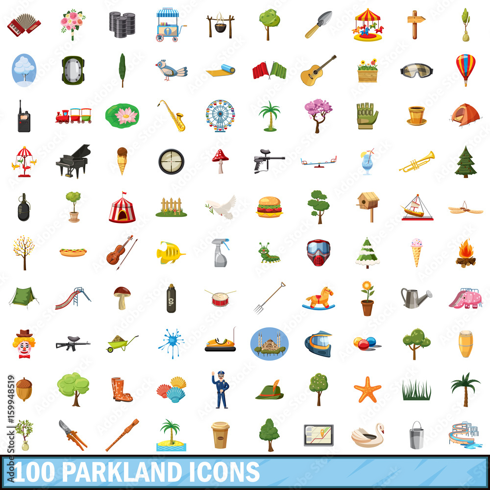 100 parkland icons set, cartoon style