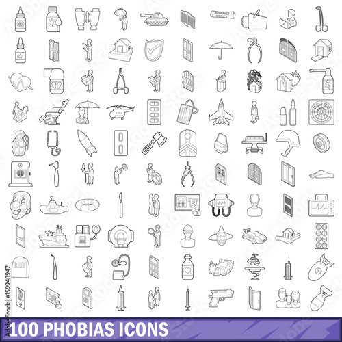100 phobias icons set  outline style