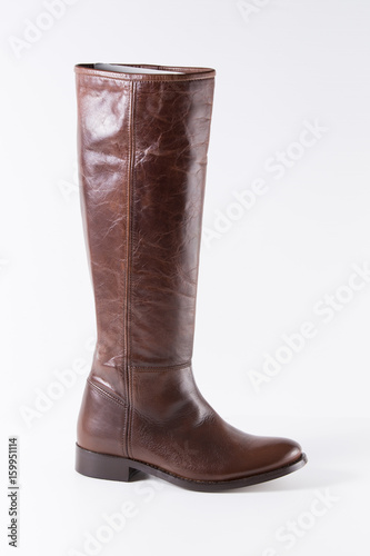 Female Brown Boot on White Background, Isolated Product, Top View, Studio.