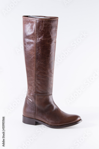 Female Brown Boot on White Background, Isolated Product, Top View, Studio.