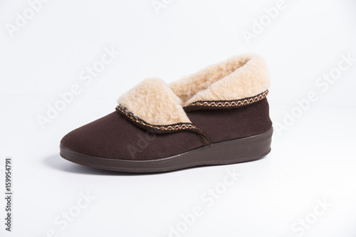 Female Brown Shoe on White Background, Isolated Product, Top View, Studio.