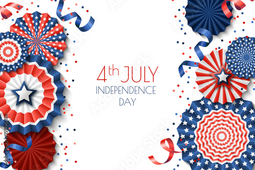 4th of July, USA Independence Day vector banner template.. White background with paper stars in USA flag colors. Material design for greeting card, flyer layout, poster.