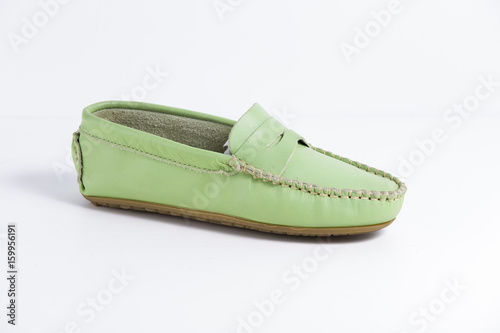 Female Green Shoe on White Background, Isolated Product, Top View, Studio.
